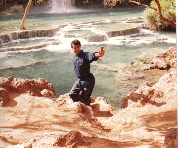 Master Ken Corona in martial arts stance at Havasupai Falls, 1983